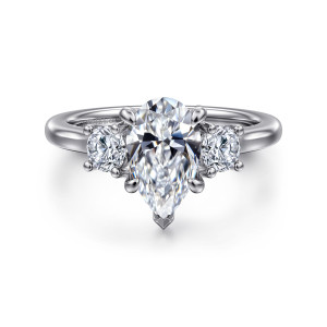 Gabriel & Co. ER14745P6W44JJ 14 karat white gold Classic engagement ring, front view of a pear shaped center with round side diamonds and a tip prong at the point