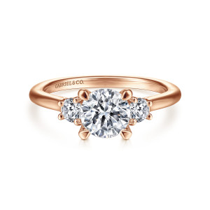 Gabriel & Co. ER14745R4K44JJ 14 karat rose gold Classic engagement ring, front view of a round center flanked by two smaller round stones in tiny prongs