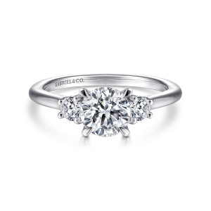 Gabriel & Co. ER14745R4PT4JJ platinum Classic engagement ring, front view of a round center with a round diamond held in prongs on each shoulder