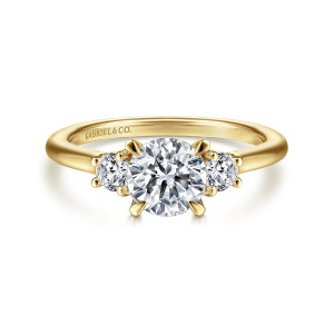 Gabriel & Co. ER14745R4Y44JJ 14 karat yellow gold Classic engagement ring, front view of a round center between two smaller round diamonds, each in its own small prongs