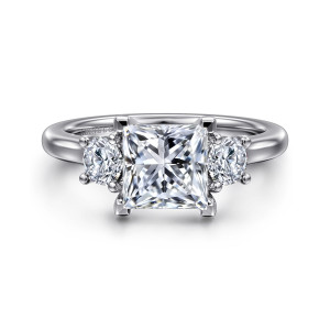 Gabriel & Co. ER14745S6W44JJ 14 karat white gold Classic engagement ring, front view of a princess cut center between two round side stones on a smooth band
