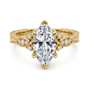 Gabriel & Co. ER14768M8Y44JJ 14 karat yellow gold Floral Nouveau engagement ring, front view of a marquise center with pointed tips and pointed oval diamond clusters at the shoulders