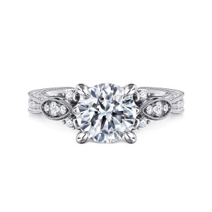 Gabriel & Co. ER14768R6W44JJ 14 karat white gold Floral Nouveau engagement ring, front view of a round center flanked by clusters of small stones in pointed oval frames
