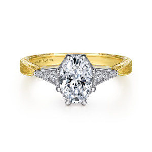 Gabriel & Co. ER14770O4M44JJ 14 karat white and yellow gold Art Deco engagement ring, front view of an oval center in eight prongs inside an angular frame with tapered shoulders