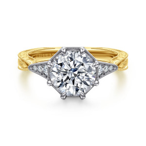 Gabriel & Co. ER14770R8M44JJ 14 karat white and yellow gold Art Deco engagement ring, front view of a round center in an octagonal head with tapered side plates and an engraved band
