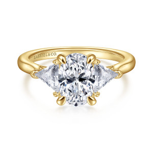 Gabriel & Co. ER14792O6Y43JJ 14 karat yellow gold Classic engagement ring, front view of an oval center between triangular stones pointing outward