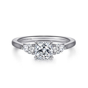 Gabriel & Co. ER14794C4W44JJ 14 karat white gold Classic engagement ring, front view of a cushion cut center in slender claw prongs between two pear shaped stones