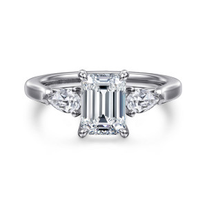 Gabriel & Co. ER14794E6W44JJ 14 karat white gold Classic engagement ring, front view of an emerald cut center with four prongs between pear shaped diamonds pointing outward
