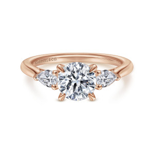 Gabriel & Co. ER14794R4K44JJ 14 karat rose gold Classic engagement ring, front view of a round center in claw prongs with a pear shaped diamond on each side