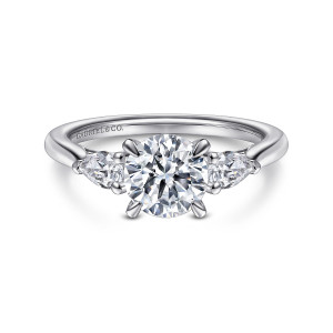 Gabriel & Co. ER14794R4PT4JJ platinum Classic engagement ring, front view of a round center on slim prongs with a pear shaped diamond pointing out each side