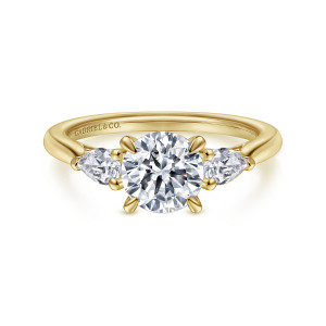 Gabriel & Co. ER14794R4Y44JJ 14 karat yellow gold Classic engagement ring, front view of a round center in four claw prongs with a pear shaped stone on each side