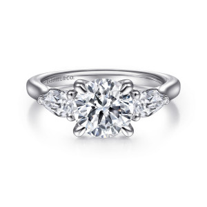 Gabriel & Co. ER14794R6W44JJ 14 karat white gold Classic engagement ring, front view of a round center between two pear shaped stones that point outward