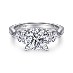 Gabriel & Co. ER14794R8W44JJ 14 karat white gold Classic engagement ring, front view of a round center with pear shaped stones turned outward on both sides