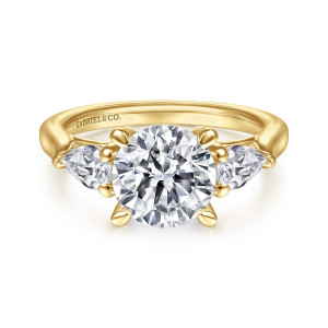 Gabriel & Co. ER14794R8Y44JJ 14 karat yellow gold Classic engagement ring, front view of a round center with a pear shaped stone on each side pointing outward