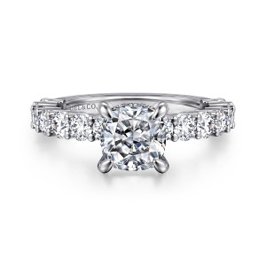 Gabriel & Co. ER14893C6W44JJ 14 karat white gold Classic engagement ring, front view of a cushion center in four claw prongs with round diamonds flanking the head