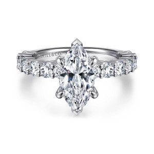 Gabriel & Co. ER14893M6W44JJ 14 karat white gold Classic engagement ring, front view of a marquise center with pointed tip prongs and round diamonds on the shoulders