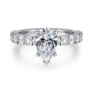 Gabriel & Co. ER14893P6W44JJ 14 karat white gold Classic engagement ring, front view of the pear shaped center flanked by round diamonds rising along both shoulders
