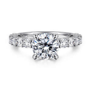 Gabriel & Co. ER14893R6W44JJ 14 karat white gold Classic engagement ring, front view of a round center flanked by a row of stones held between slim bars