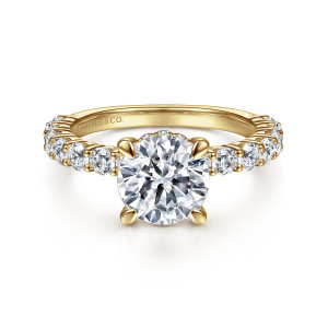 Gabriel & Co. ER14893R8Y44JJ 14 karat yellow gold Classic engagement ring, front view of a round center with rounded prongs and stones lining both shoulders