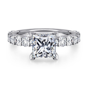 Gabriel & Co. ER14893S6W44JJ 14 karat white gold Classic engagement ring, front view of a princess cut center with round diamonds on both sides of the head