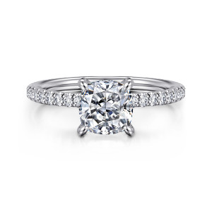 Gabriel & Co. ER14914C6W44JJ 14 karat white gold Classic engagement ring, front view of a cushion cut center on four prongs above a thin band of small diamonds