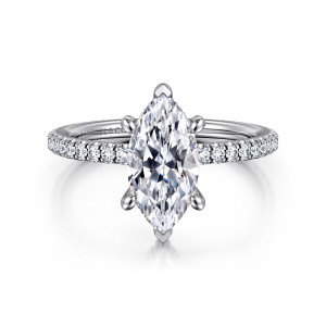 Gabriel & Co. ER14914M6W44JJ 14 karat white gold Classic engagement ring, front view of a marquise center with a prong at each pointed tip and diamonds on the band