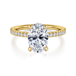 Gabriel & Co. ER14914O8Y44JJ 14 karat yellow gold Classic engagement ring, front view of an oval center with prongs ending in teardrop tips above a fine diamond band