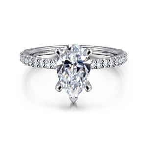 Gabriel & Co. ER14914P6W44JJ 14 karat white gold Classic engagement ring, front view of a pear shaped center above a very slim band of fine diamonds