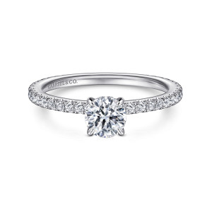 Gabriel & Co. ER14914R2W44JJ 14 karat white gold Classic engagement ring, front view of a round center in four fine prongs above small stones along both shoulders
