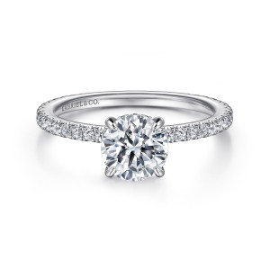 Gabriel & Co. ER14914R4W44JJ 14 karat white gold Classic engagement ring, front view of a round center on slender claw prongs with tiny diamonds along the shoulders