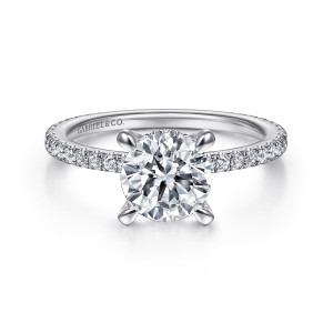 Gabriel & Co. ER14914R5W44JJ 14 karat white gold Classic engagement ring, front view of a round center in tapered prongs above a fine line of small diamonds