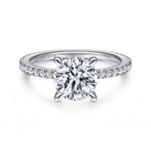 Gabriel & Co. ER14914R6W44JJ 14 karat white gold Classic engagement ring, front view of a round center on four tapered claw prongs above a fine diamond band