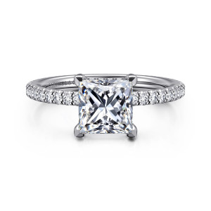 Gabriel & Co. ER14914S6W44JJ 14 karat white gold Classic engagement ring, front view of a princess cut center on corner prongs with small round diamonds along the shoulders
