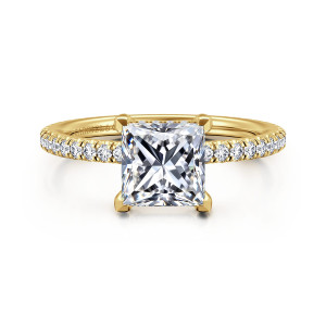 Gabriel & Co. ER14914S6Y44JJ 14 karat yellow gold Classic engagement ring, front view of a square center on four corner prongs with small diamonds along the thin band