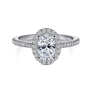 Gabriel & Co. ER14916O3W44JJ 14 karat white gold Classic engagement ring, front view of an oval center inside a halo of small round diamonds with four prongs