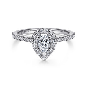 Gabriel & Co. ER14916P2W44JJ 14 karat white gold Classic engagement ring, front view of a pear shaped center framed by a halo of small round diamonds