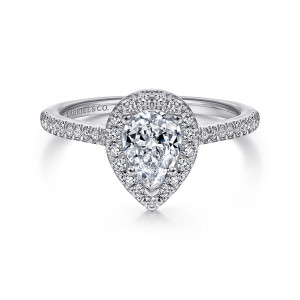 Gabriel & Co. ER14916P3W44JJ 14 karat white gold Classic engagement ring, front view of a pear shaped center inside a teardrop frame of round diamonds