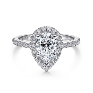 Gabriel & Co. ER14916P4W44JJ 14 karat white gold Classic engagement ring, front view of a pointed teardrop halo around a pear shaped center