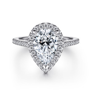 Gabriel & Co. ER14916P8W44JJ 14 karat white gold Classic engagement ring, front view of a teardrop halo with a V shaped prong at its pointed tip