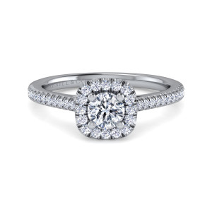 Gabriel & Co. ER14916R2W44JJ 14 karat white gold Classic engagement ring, front view of a round center within a cushion frame of small diamonds, four prongs at the corners