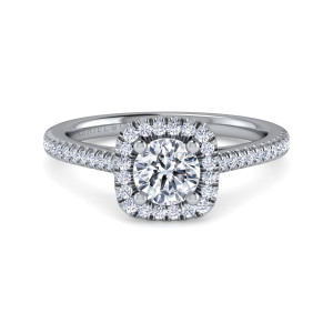 Gabriel & Co. ER14916R3W44JJ 14 karat white gold Classic engagement ring, front view of a cushion shaped diamond frame around a round center held by four prongs