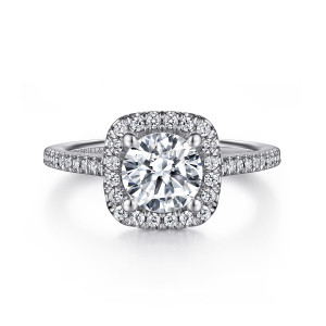 Gabriel & Co. ER14916R4W44JJ 14 karat white gold Classic engagement ring, front view of a round center inside a cushion shaped frame of small diamonds