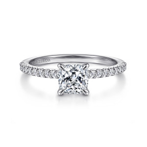 Gabriel & Co. ER14918C4W44JJ 14 karat white gold Classic engagement ring, front view of a cushion center in four prongs with diamonds running to either side