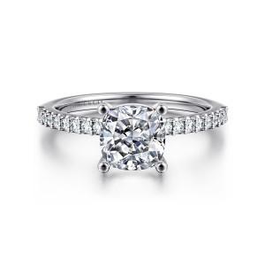 Gabriel & Co. ER14918C6VW44JJ 14 karat white gold Classic engagement ring, front view of a cushion center with ball tipped prongs and diamonds along both shoulders