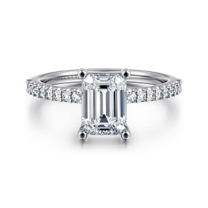 Gabriel & Co. ER14918E6W44JJ 14 karat white gold Classic engagement ring, front view of an emerald cut center between ball tipped corner prongs and diamonds on each shoulder
