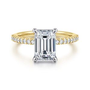 Gabriel & Co. ER14918E8M44JJ 14 karat white and yellow gold Classic engagement ring, front view of an emerald cut center in four claw prongs, diamonds reaching up to the head