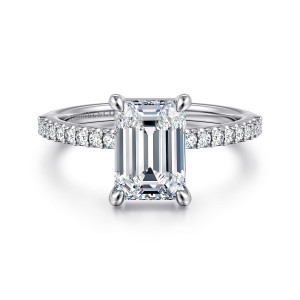 Gabriel & Co. ER14918E8W44JJ 14 karat white gold Classic engagement ring, front view of the rectangular seat with rounded prong tips and diamonds flanking both sides