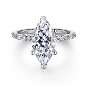 Gabriel & Co. ER14918M12W44JJ 14 karat white gold Classic engagement ring, front view of a marquise center with pointed end prongs and ball tipped side prongs