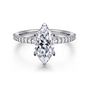 Gabriel & Co. ER14918M6W44JJ 14 karat white gold Classic engagement ring, front view of a marquise center with V shaped prongs at both points and diamonds on the shoulders