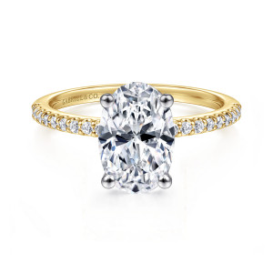 Gabriel & Co. ER14918O8M44JJ 14 karat white and yellow gold Classic engagement ring, front view of an oval center in four ball tipped prongs above a thin band of small diamonds